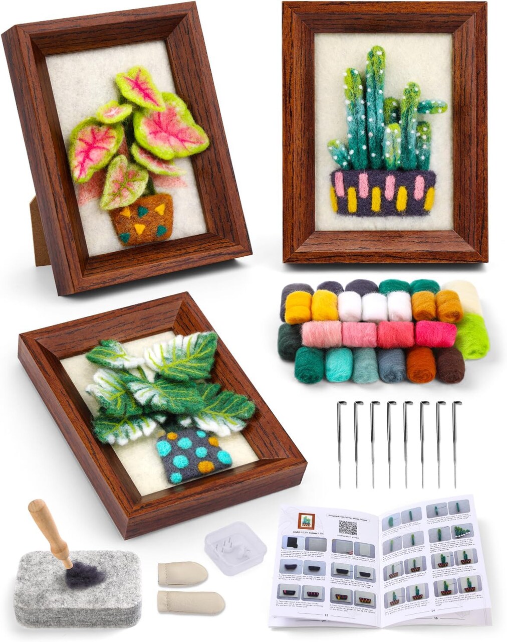 Needle Felting Kit- Wool Felting Art Supplies with Frame & Tools (3 Potted Plants) | Needle Felt Painting Kit for Adults Includes Felting Needles, Fabric Sheet, Instructions